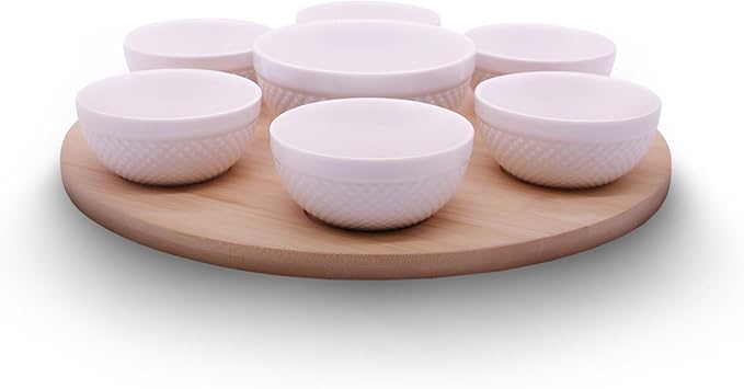 Rotating Bamboo Serving Tray with 6 Small Ceramic Condiment Bowls and 1 Larger Center Bowl - Lazy Susan Style Elegant Serving Set for Dips, Snacks, Appetizers, and More