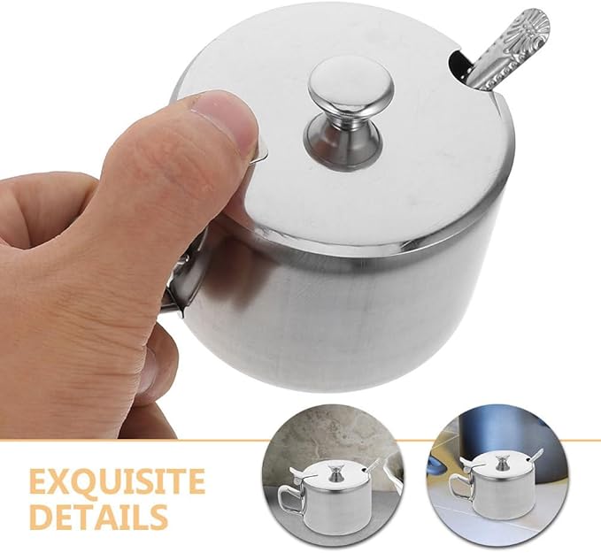 3 Set Stainless Steel Sugar Bowls with Spoons And Handles, Multi-use Condiment Jars for Sugar, Salt, Pepper, Seasoning, Kitchen Counter Storage And Dining