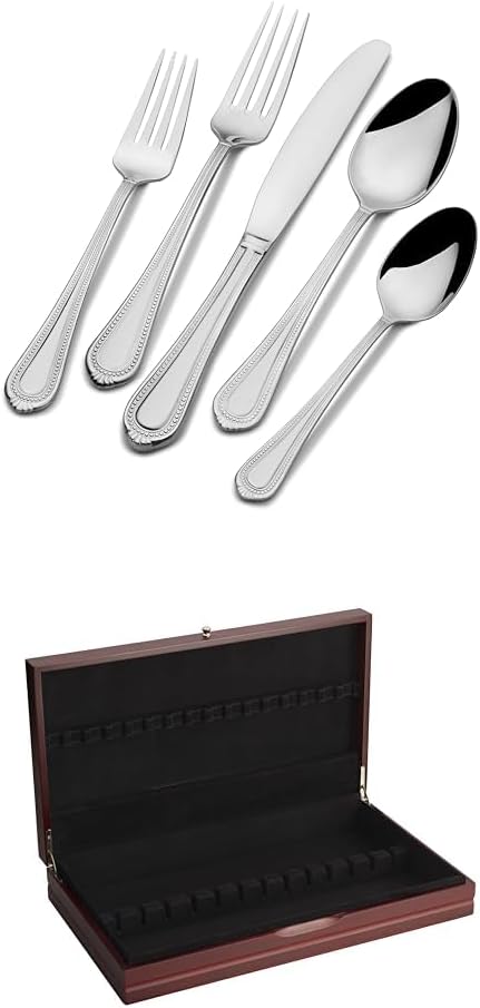 Mikasa Regent Bead 65 Piece Silverware Set, 18.10 Polished Mirror Stainless Steel, Service for 12 with Serving Set and 19 inch Flatware Storage Chest