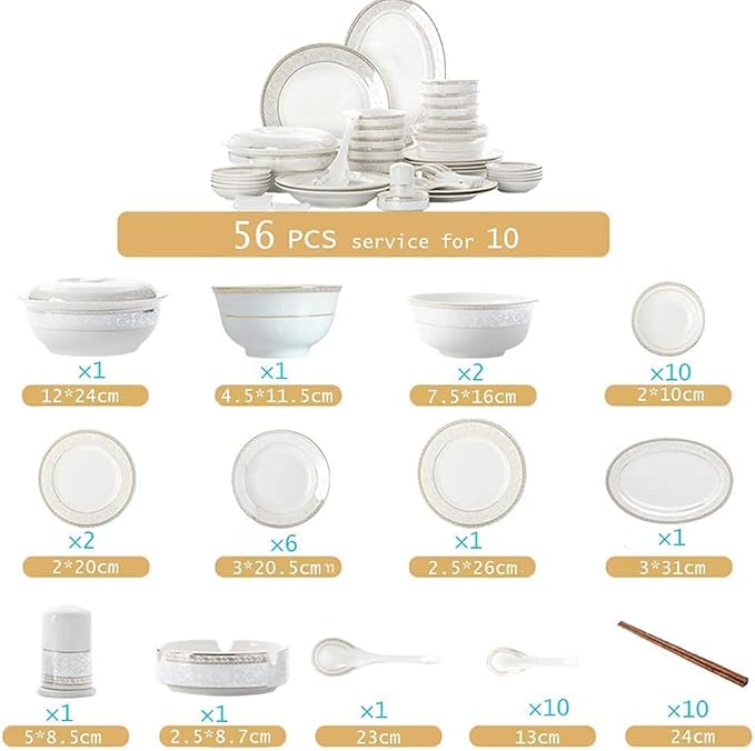 White Round Porcelain Dinnerware Set, Dishes/Plate/Bowl Set, Fine Bone China Dinnerware Sets Clearance, Collection Ceramic Kitchen And Dining Sets For Home,B56 Pcs Service For 10,A56 Pcs Service for