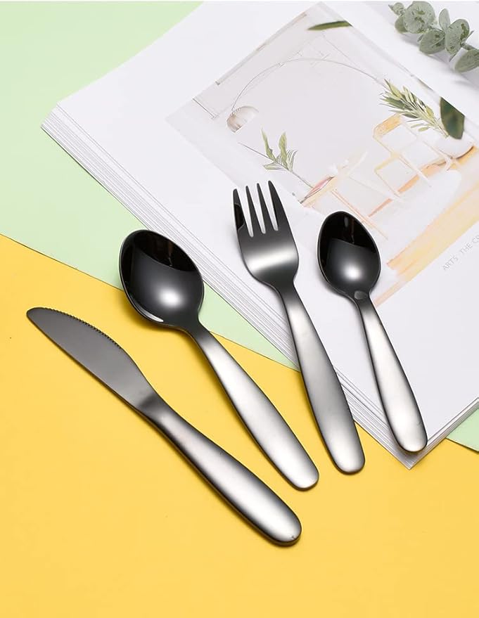 Stainless Steel Customized Rainbow Kids Silverware 2/3/4 Pieces Set,Engraving Name Knife Forks Spoon Set,Personalized Children's name tableware, Customized Flatware Set Black