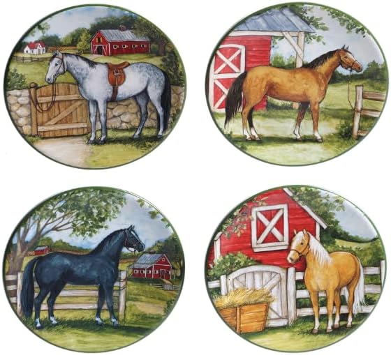 4-Piece Farm Horse Canapé Plate Set – Country Scene Appetizer Plates, 6.25-Inch Ceramic