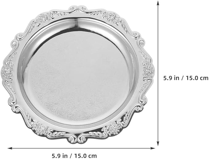 VILLCASE 2 Pack Small Silver Serving Tray, 5. 9 Inch Vintage Round Iron Display Plate for Desserts, Antique Style Decorative Jewelry Dish for Vanity, Wedding Centerpiece and Tea Party (Silver)
