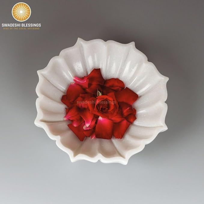 SWADESHI BLESSINGS HandCrafted Marble Lotus Bowl/Organic Modern Home Decor Bowl/Fruit Bowl/Vintage Ring Dish/Decorative Flower Dish/HouseWarming Gifts/Wedding Gifts/Urli (12 Inches)
