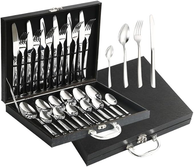 Stainless Steel Flatware Serving Set,Home Kitchen Eating Tableware Set,Dishwasher Safe,for Home Kitchen Restaurant Hote 24-Piece Stainless Steel Cutlery Set Stainless Steel Knife, Fork and Spoon Gift