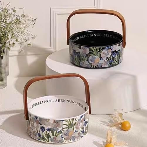 Fruit Bowl Dessert Plate Handmade Flower and Bird Pattern Round Ceramic Tableware Set (White - two pieces)