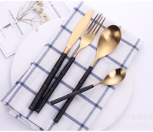Stainless Steel Flatware serving set,Home Kitchen Eating Tableware Set,Dishwasher Safe,For Home Kitchen Restaurant Hote 4/16/24 Piece Creative 304 Stainless Steel Knife And Fork Black Gold Bamboo West