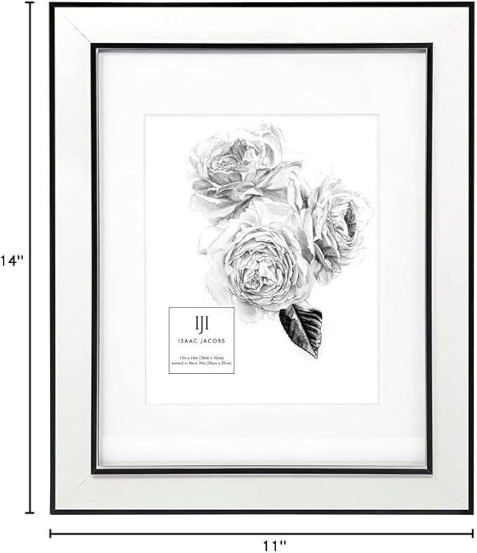 Isaac Jacobs 11x14 (Matted 8x10) White w/Black (Vertical & Horizontal) Double Border Picture Frame, Wall-Mountable, Made for Photo Gallery and Wall Art, Home or Office (11x14, White W/Black)