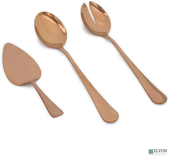 Elyon 3-Piece Copper Flatware Serving Spoons, Stainless Steel Hostess Set, Reflective Mirror Finish, Salad Servers with Complimentary Pie Pastry Server, Reusable Dishwasher Safe