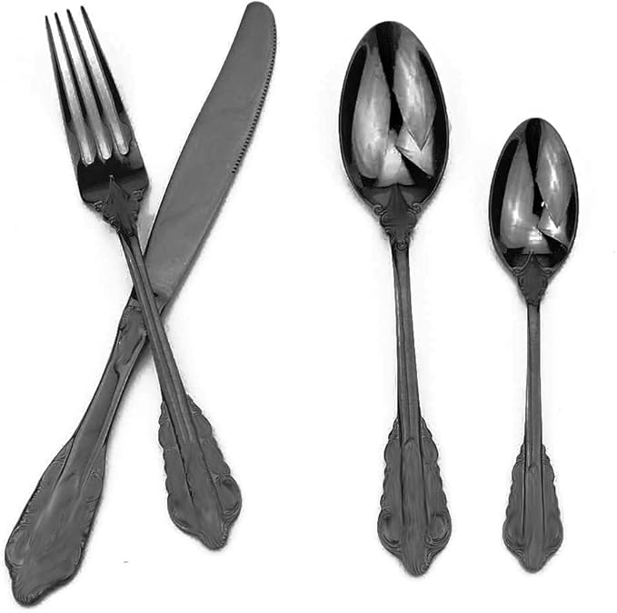 JASHII 24-Piece Black Cutlery Set Silverware Set, Mirror Polished, Stainless Steel Flatware Cutlery Eating Utensils Service for 6, Unique Elegant Pattern, Dishwasher Safe (Black)