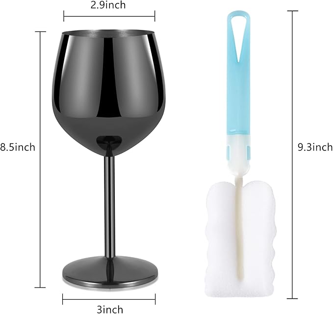 Lifecapido Stainless Steel Wine Glasses Set of 8, 18oz Stainless Steel Wine Goblet, Black Metal Wine Glasses with Cup Brush for Party, Office, Wedding, Anniversary, Great for Red, White Wine