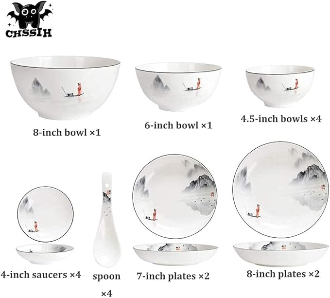 Chinese Dinnerware Set for 4/6/12, Black and White Plates and Bowls, Porcelain, 18 Pieces