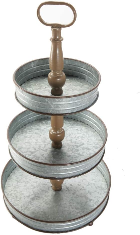MODE HOME Farmhouse 3 Tiered Tray Stand, Decorative Metal Serving Tray with Handle for Kitchen, Dining Room, Shelf Coffee Bar, Seasonal Display Tiered Tray Decor, Galvanized Gray Finish