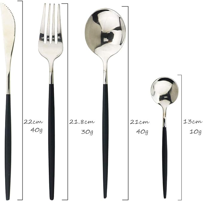 JASHII 24 Piece Titanium Black Plated Stainless Steel Flatware Set,Black Handle With Silver Mouth Flatware Set, Black With Silver Cutlery Set Service for 6 (Black Handle, Shiny Silver)