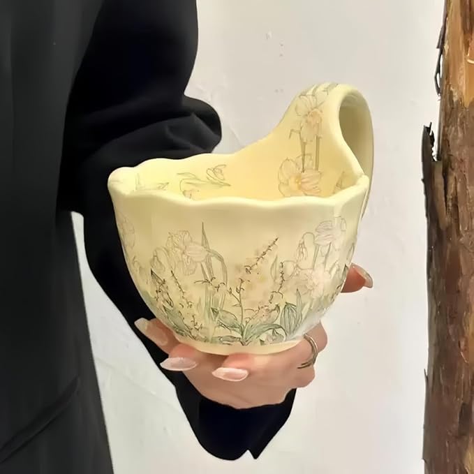 16.91oz/500ml Handpainted Soup Bowl with Handle,Ceramic Cereal Bowl Microwave & Dishwasher Safe,Loop Handle Bowl Great for Soup,Yogurt,Snack,Chip,Stew,Ice Cream,Coffee (Cosmos Flower)