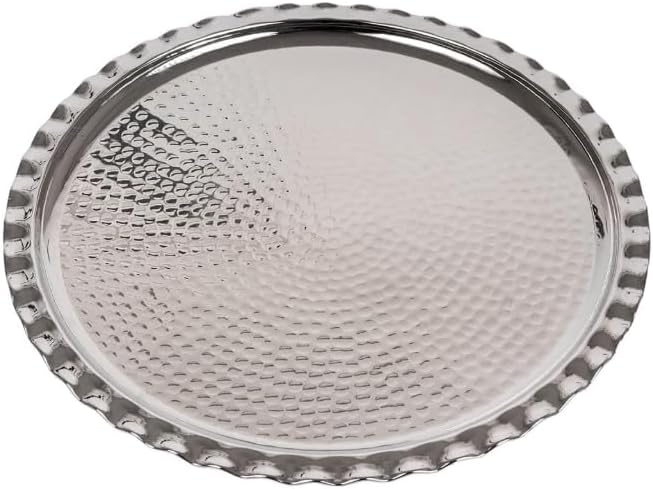 Handmade Turkish Copper Serving Tray 35cm (13.8 inch) - Traditional Gaziantep Design with Decorative Edges, Silver Finish