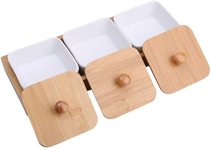 GLOGLOW Plate Dishware Ceramic Appetizer Serving Plate with Tray Cover, 3-Compartment Design, White, 11.02x4.02x1.61 Inches, for Snacks and Desserts Storage Supplies (Three compartments with lid)
