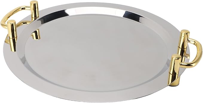 Stainless Steel Serving Plate, Elegant Mirror Finish Serving Tray Reusable Unbreakable Modern Kitchen Plates Golden with Handle for Hotel Restaurant Banquet (Round (Diameter 16.9in))