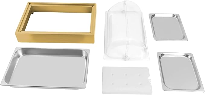 Ice Food Serving Display Tray for Parties, 3.17Qt Stainless Steel Cold Serving Cooler Platter with 2 Trays & Clear Roll Top Cover for Seafood Fruit Party Buffet (Gold)