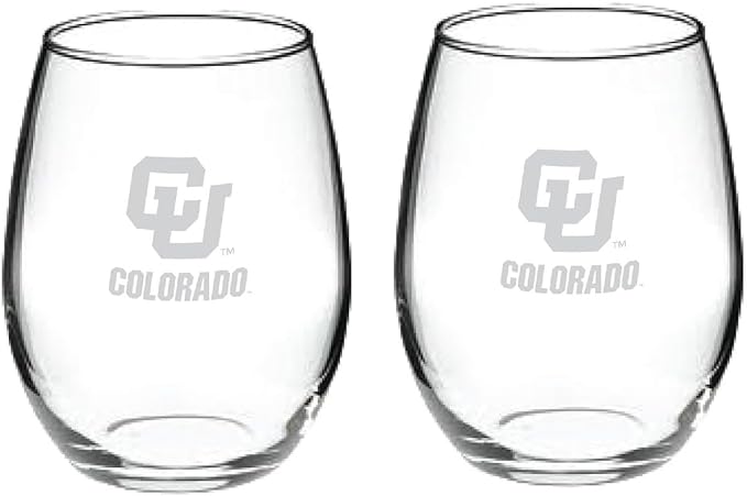 Colorado Buffaloes Etched Satin Frost Logo Wine or Beverage Glass Set of 2, 15 oz, Clear