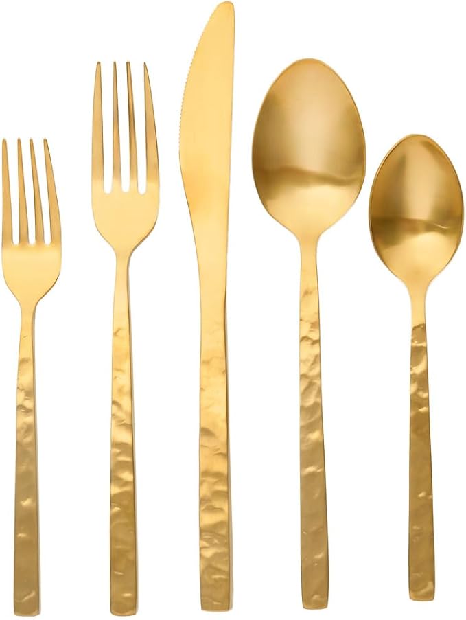 Godinger Rustic Mirrored Gold 18/10 Stainless Steel 20‑Piece Flatware Set, Service For 4– Hand‑Textured Handles with Mirror‑Finish Gold Flatware, Elegant Table Setting for Everyday & Special Occasions