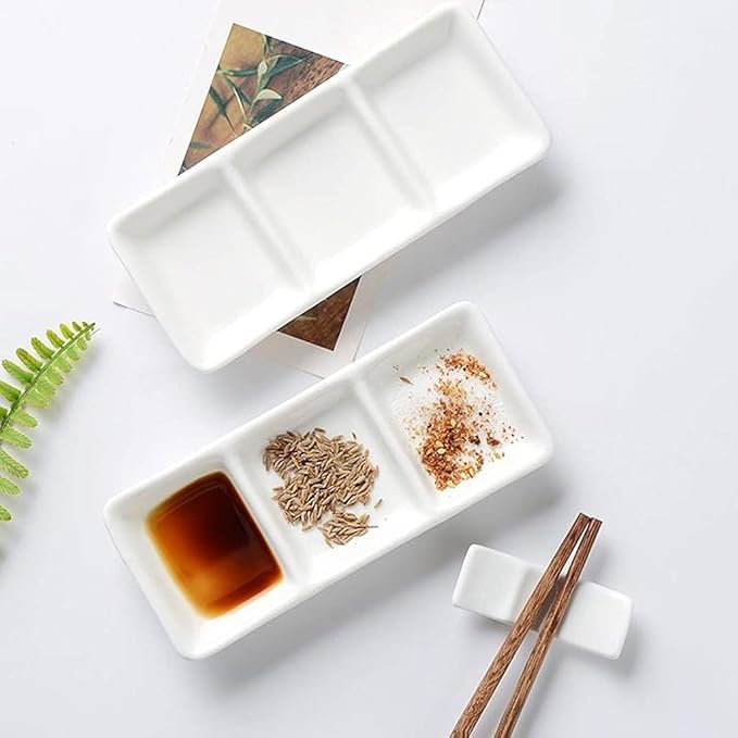 Sauce Dish Sauce Dish White Ceramic 3 Compartment Divided Soy Sauce Dishes Dipping Plates for Spice Dish Soy Sauce Vinegar Sushi Ketchup or Appetizer(2 Pack) Dipping Bowls