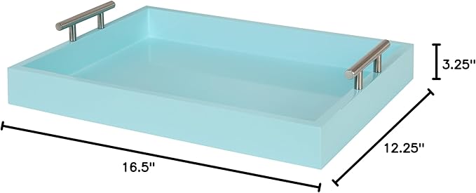 Kate and Laurel Lipton Decorative Tray with Polished Silver Metal Handles, Pastel Teal