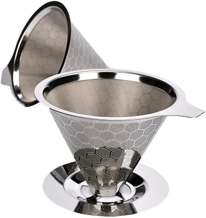 Pour Over Coffee Dripper Stainless Steel Coffee Filter Cone Paperless Reusable Single Cup Coffee Maker 1-2 Cup with Non-Slip Cup Stand and Cleaning Brush