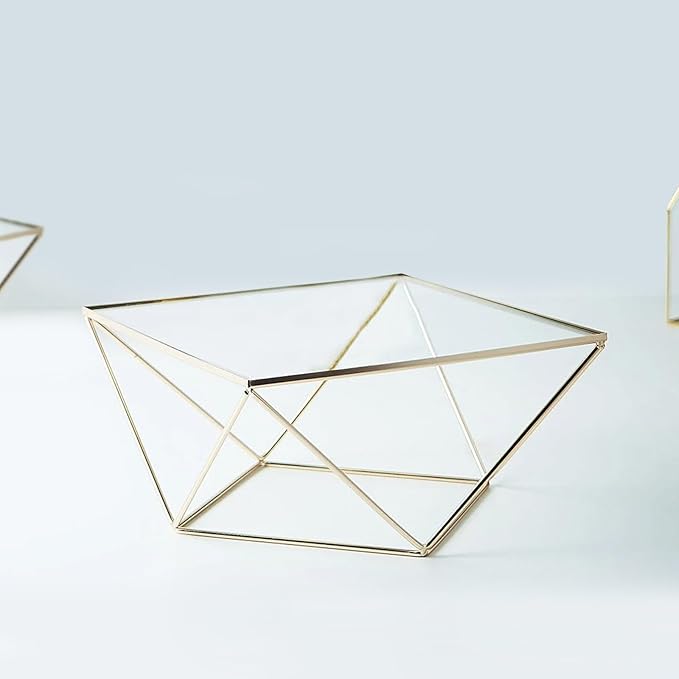 Efavormart Gold Metal Geometric Cake Stand Display Centerpiece Pedestal Riser with Square Glass Top - 14"