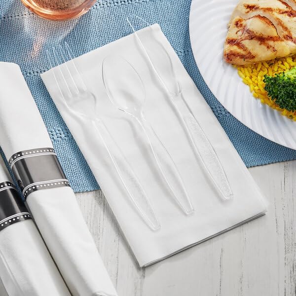 Pre-Rolled Linen-Feel Napkin with Clear Heavy Weight Plastic Cutlery Set, 17 x 17 Inch White Napkins, 100 Count Case for Catering Events