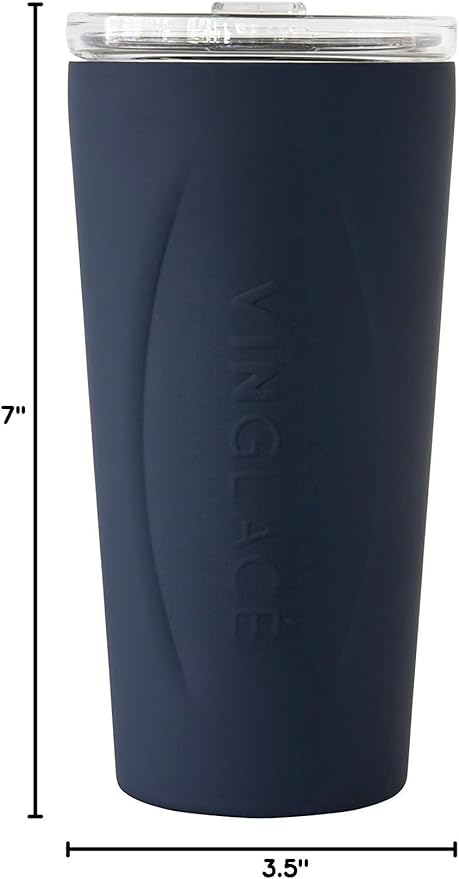 Vinglacé Stainless Steel Drink Tumbler- Insulated Hot and Cold Beverage Cup with Glass Insert and Lid, 14 oz, Navy