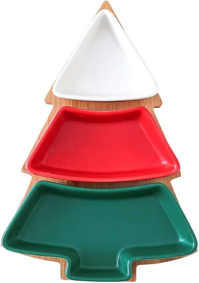Colorful 10.8 Inches Colorful Snack Appetizer Trays Sets, Christmas Tree Dessert Serving Dishes, Snack Platter, 3 pcs Removable Porcelain Plates with Bamboo Tree Tray