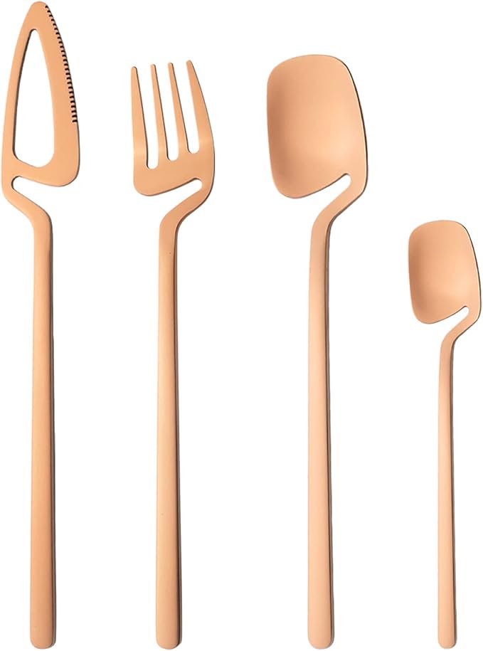24-Pieces Copper Hangable & Cute 18/10 Stainless Steel Flatware Set, Matte Cutlery Set Kitchen Dinnerware Include Knife/Fork/Spoon/Teaspoon Service for 6, Rose Gold