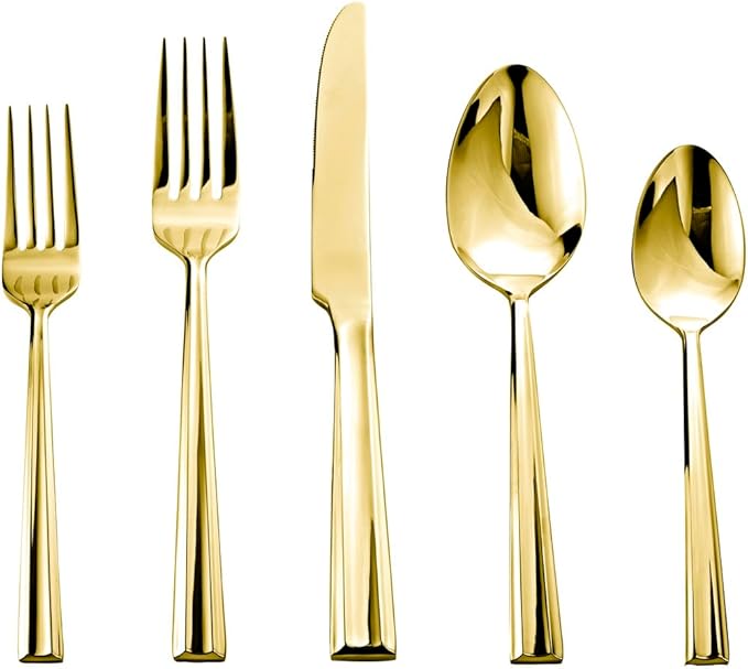 Godinger 20-Piece Flatware Set - Dinner Forks, Salad Forks, Tea Spoons, Tablespoons, and Knives - 18/0 Stainless Steel in Luxurious Mirror GoldFinish
