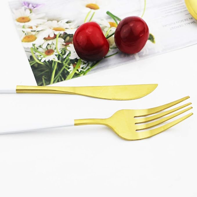 JASHII Matte Finished 24 Pieces Silverware Flatware Cutlery Set, Full Set Flatware Durable, Stainless Steel Tableware Silverware Service for 6 Dishwasher Safe(White Handle Gold)