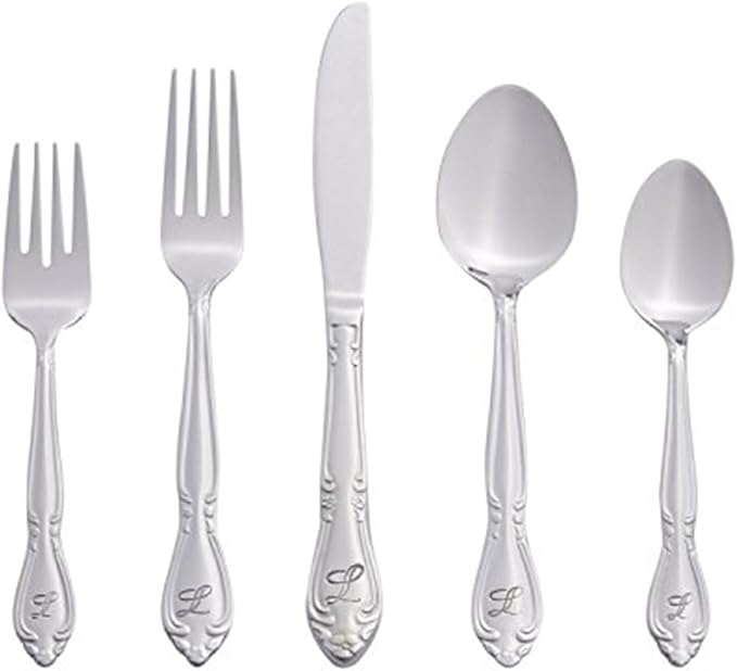 Monogrammed Flatware Set 46-Piece - Stainless Steel Dinnerware, Rose Pattern, Table Setting for Home & Events