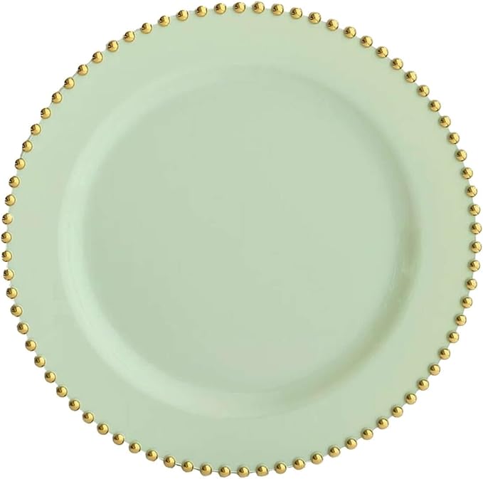 8" Salad Plates - Set of 10 - Plastic Sage Green/Gold Round Disposable Dessert Appetizer Plate Beaded Rim, Ideal for Dinner Party Wedding Bulk Events