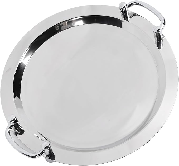 Serving Tray, Bright Mirror Finish Stainless Steel Buffet Plate, Serving Platters with Ergonomic Handle for Banquet Halls, Wedding Receptions (Round (Diameter 15.7in))