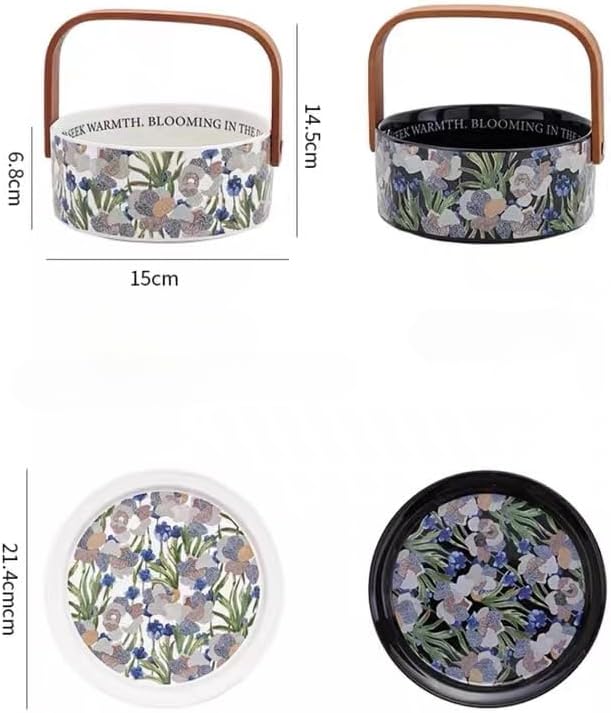 Fruit Bowl Dessert Plate Handmade Flower and Bird Pattern Round Ceramic Tableware Set (Black - two pieces)