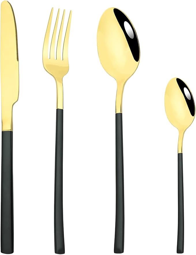 24 Piece Mirror Golden Plated 18/0 Stainless Steel Flatware Set, Black Handle With Golden Mouth Silverware Set With Teaspoon Cutlery Set Service for 6