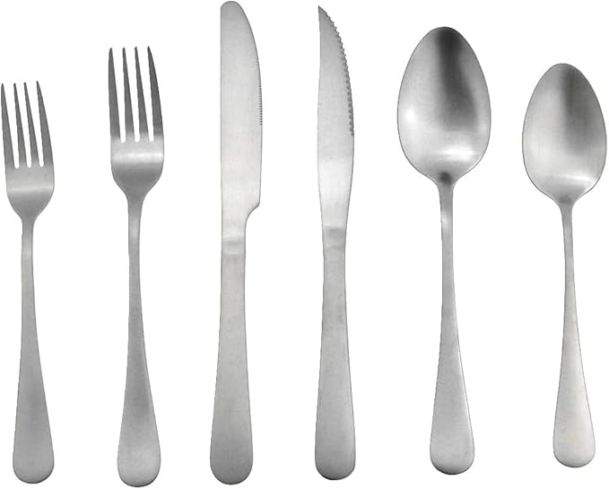 Gugrida 24-Piece Silver Heavy Duty Stainless Steel Flatware Set, Travel Cutlery Include Knife Fork Spoon Service for 4,Healthy & Eco-Friendly Silverware - Matte Elegant Modern Eating Utensils