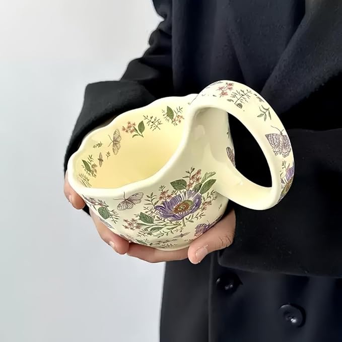 16.91oz/500ml Handpainted Soup Bowl with Handle,Ceramic Cereal Bowl Microwave & Dishwasher Safe,Loop Handle Bowl Great for Soup,Yogurt,Snack,Chip,Stew,Ice Cream,Coffee (Aster)