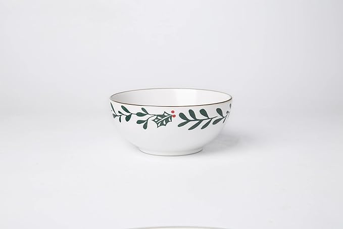 12-Piece Holly Pattern Ceramic Dinnerware Set, Holiday Matte Glaze Plates Bowls, Dishwasher & Microwave Safe, Daily Use & Christmas Tableware, White