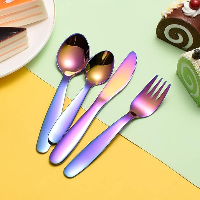 Stainless Steel Customized Rainbow Kids Silverware 2/3/4 Pieces Set,Engraving Name Knife Forks Spoon Set,Personalized Children's name tableware, Customized Flatware Set Rainbow