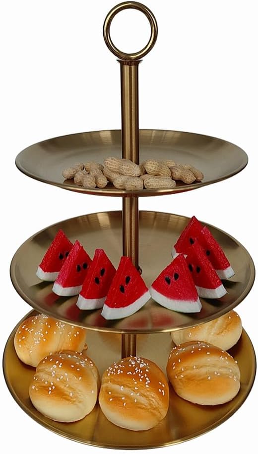 Metal 3 Tier Round Serving Tray, Cupcake Dessert Appetizer Stand, Stainless Steel Cake Cupcake Tower Stand Holder for Home Garden Display Wedding Bridal Shower Birthday Party Supplies (Gold)