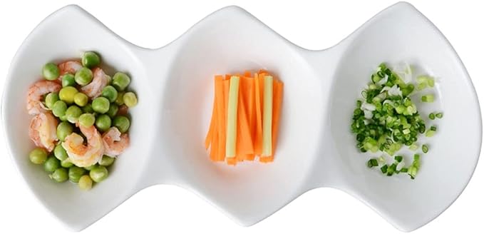 Sauce Dish 19 Oz Sauce Dish White Ceramic 3 Compartment Divided Appetizer Plates Soy Sauce Dipping Dishes Ketchup Vinegar Appetizer or Snack Dessert Condiments Dip Bowls (White 11.02x5x1.57in)