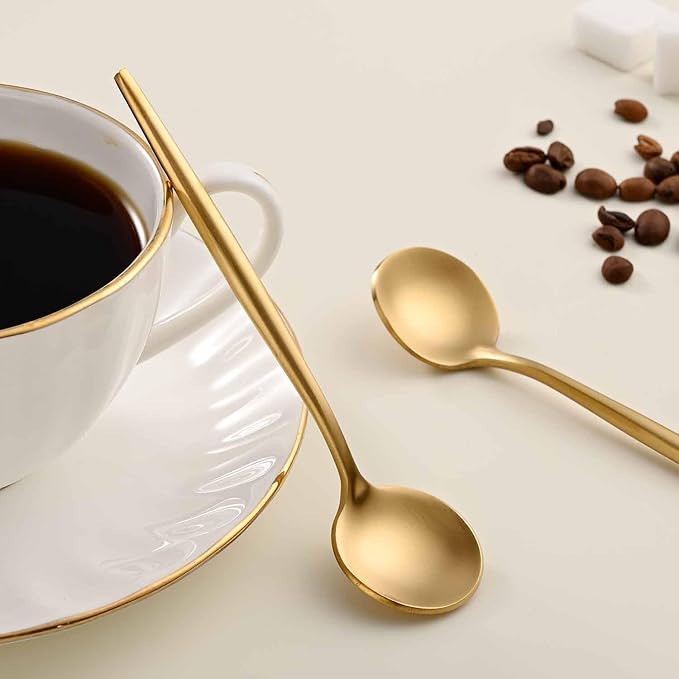 5.1 Inches Satin Gold Coffee&Tea Spoons,Small Demitasse Spoon,Mini Spoons For Stirring,Gold Teaspoons Set Of 4 SS18/10 Solid Round Spoon