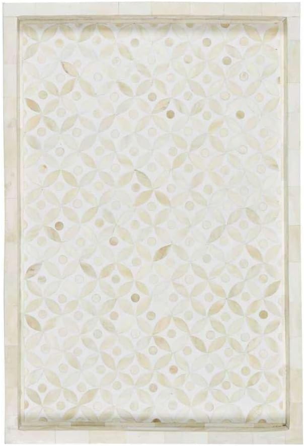 Handmade Resin Tray Bone Inlay Rectangle Serving Tray Floral Geometric Pattern Fancy and Decorative Serving Platter with Handle for Snacks, Tea, Coffee Table, Dining (Off White)