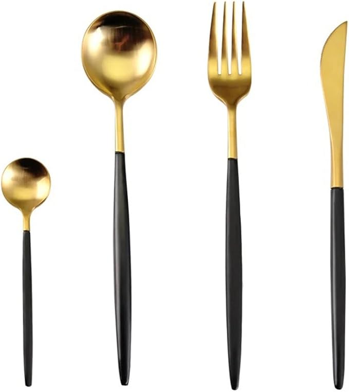 Lots 4pcs 304 Stainless Steel Tableware Dinner Spoon Fork Knife Flatware Serving Sets Spoons Forks Knives,Black + Silver-4