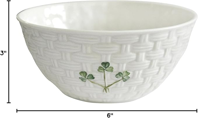 Belleek Shamrock Ceramic Bowl - Handcrafted Fine Parian China Porcelain Serving Bowl - Microwave Safe Dinnerware - 6"D x 3"H, White